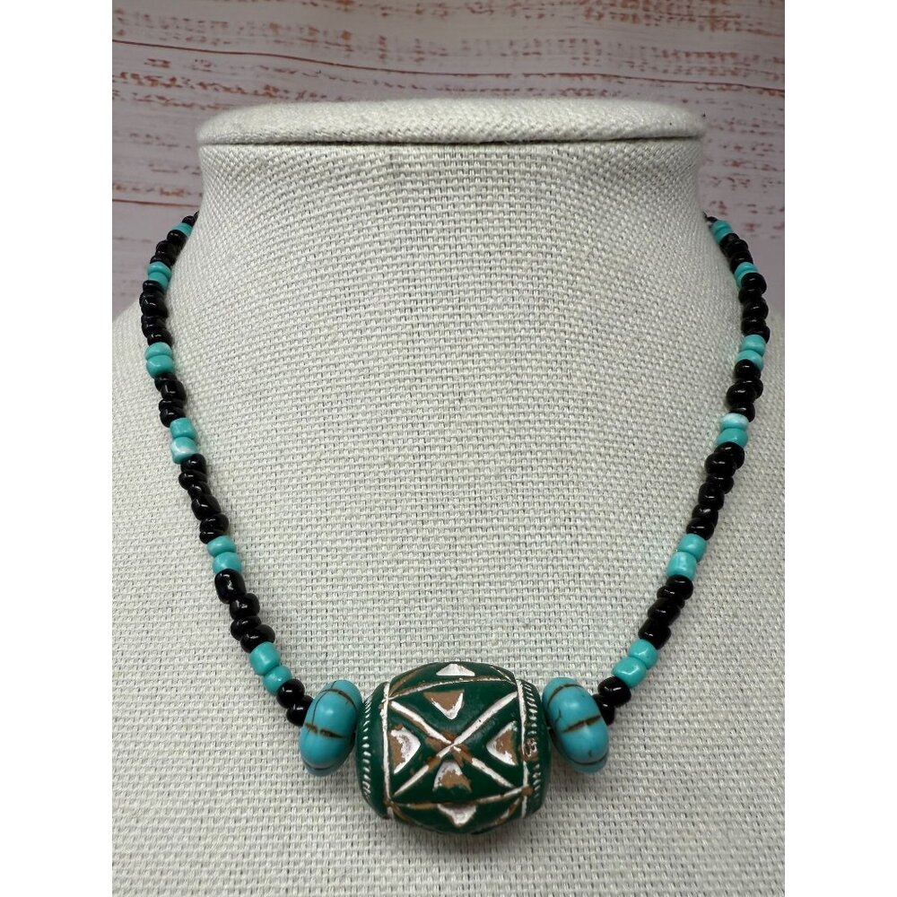 Beaded Necklace ~ African Wood Carved Bead w Turqoise & Black Beads